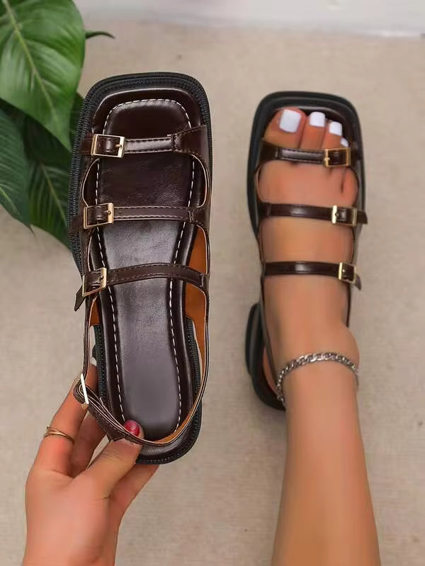 Women Buckle Decor Brown Solid Wedge Sandals, Fashion Artificial Leather Slingback Sandals Brown,Spring Summer Outfits