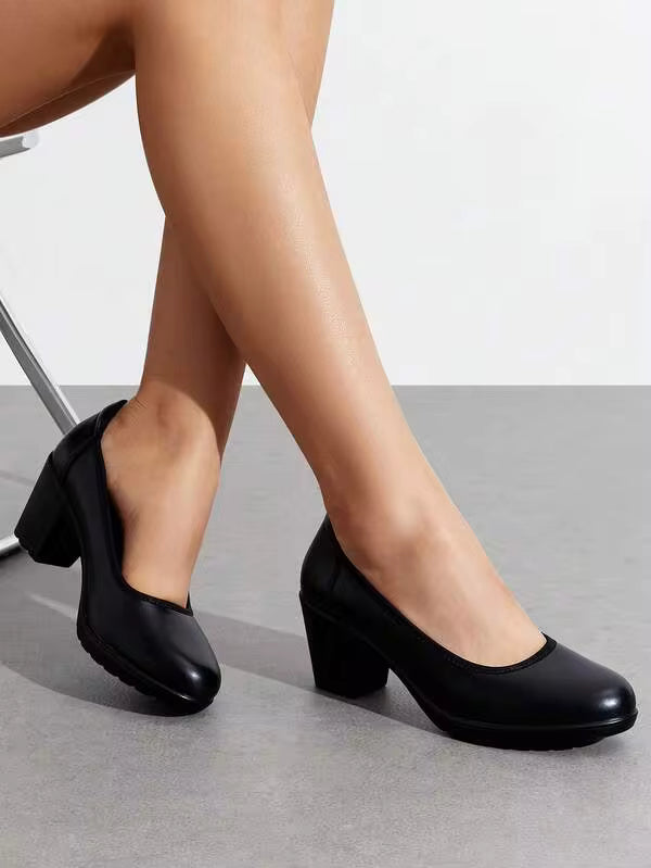 Women's Chunky Round Toe Low Block Heels Work Pumps Elegant Comfortable Solid Color Slip On Wedding Office Gift Festival Shoes