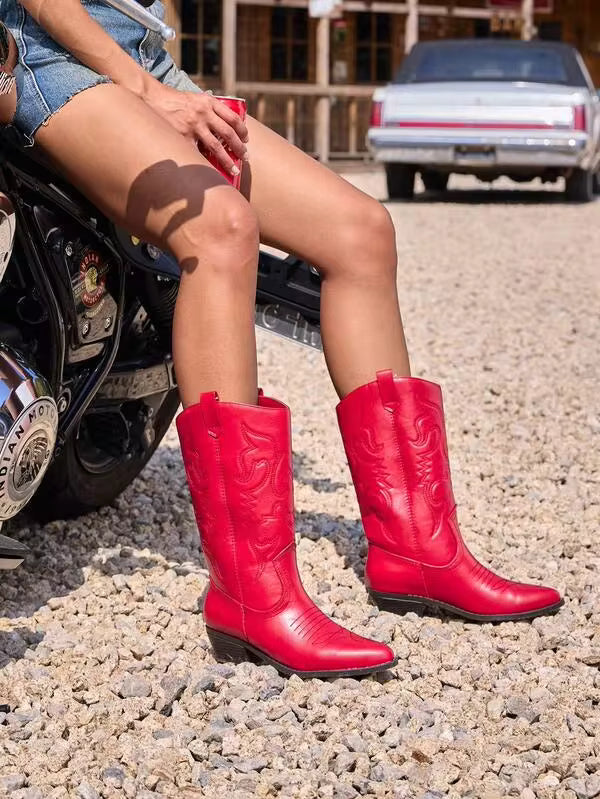 BURUDANI Women's Classic Western Cowboy Boots Slip-On Pointed Toe Embroidery Matching Dress Music Festival Party Farm Mid-Calf Red Boots