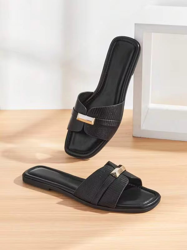 SHUZIA Women's Square Toe Metal Bar Strap Fine PU Black Flat Slides – Sleek, Polished & Everyday Chic