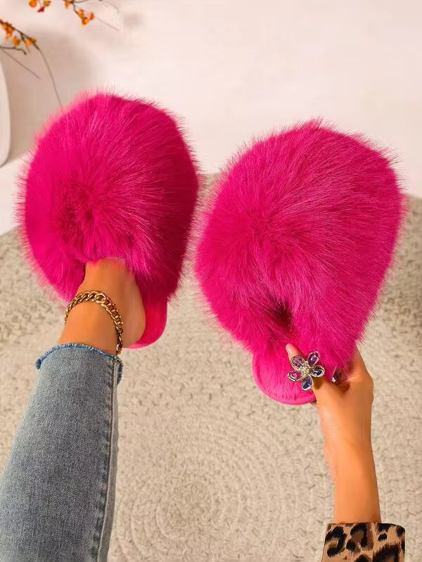New Fashion Versatile Long Hair Faux Fur Thermal Lined Warm Closed Toe Anti-Slip Slippers For Indoor And Outdoor